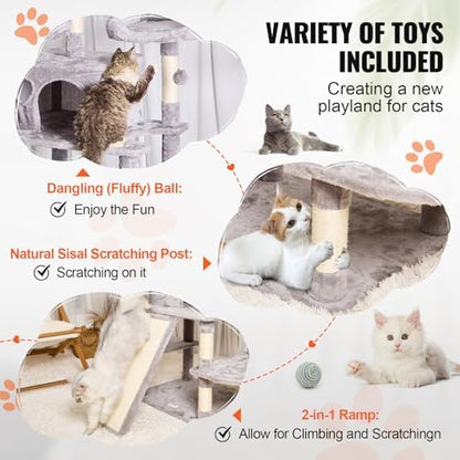 VEVOR Cat Tree for Indoor Cats, 68.5" Cat Tower with 2 Cat Condos, Sisal Scratching Post, Hammocks, Top Perches, Jumping Platforms and Ramp, Cat Furniture Activity Center with Hang Balls, Light Grey