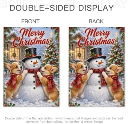 Christmas Corgi House Flag 28x40 Inch Merry Holiday Dogs Snowman Scarves Tree Holly Snowy Cute Rustic Farmhouse Outdoor Yard Lawn Porch Double Sided Banner Winter Welcome Decor
