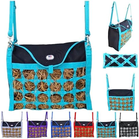 Majestic Ally Animal Health Hay Bag for Horses, 2.5" Holes, Top Load, Travel Feeder, Reduces Waste, 1 Year Warranty, Multiple Colors (Turquoise-Black)