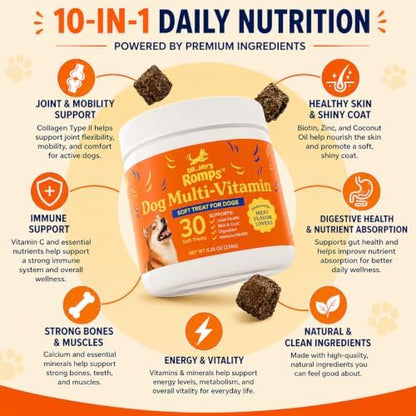 Dr Jay's Romps 10-in-1 Dog Multivitamin Soft Chews with Collagen, 30 Chews