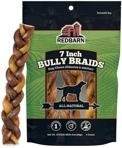 Redbarn Pet Products 7" Braided Bully Sticks for Dogs - Natural, Grain-Free, Highly Palatable, Long-Lasting Dental Chews Sourced from Free-Range, Grass-Fed Cattle, 3-Count, Pack of 12