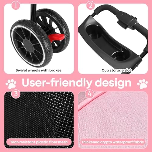 Pet Stroller,Dog Stroller for Small Medium Dogs Cats,3 Wheels,Pink