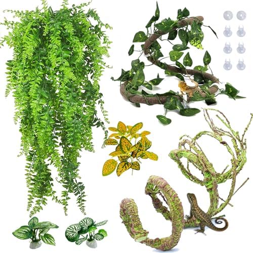 PINVNBY 7 PCS Reptile Plants Vine, Terrarium Hanging Flexible Climbing Artificial Leaves Reptile Hide, Bearded Dragon Tank Accessories, Terrarium Decor for Leopard Gecko Lizard Snake Geckos Chameleon