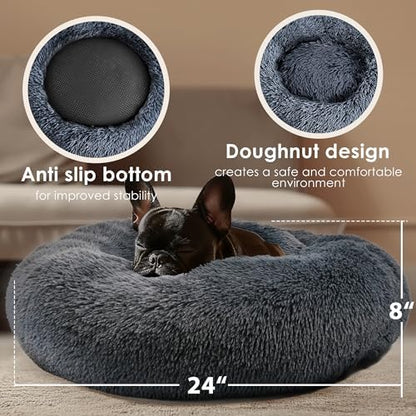 Dogs Bed for Small Dogs, Anti-Anxiety Washable Round Bed (24in Dark Grey)