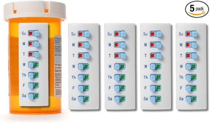 TAKE-N-SLIDE Peel and Stick Reusable for 12 + Refills, Pill/Medication/Vitamin/Pet Med Tracker & Reminder, Attach to Your Bottle, Organizer-Free, Curved‑Back (White, 5-Pack)