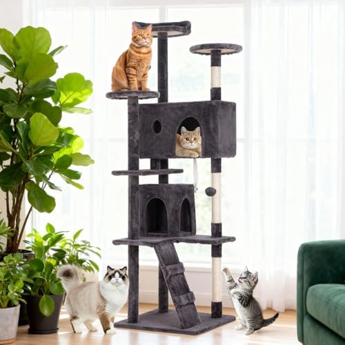 BestOffice 70 Inch Cat Tree, Multi-Level Cat Tower with Condo, Perches, Sisal Scratching Posts, Climbing Ladder,Indoor Activity Center Play House for Kittens & Adult Cats, Ashy