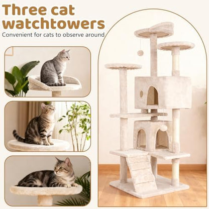 BestOffice 54 Inch Cat Tree, Multi-Level Cat Tower with Condo, Perches, Sisal Scratching Posts, Climbing Ladder,Indoor Activity Center Play House for Kittens & Adult Cats, Beige