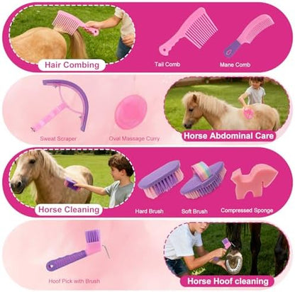 9PCS Horse Grooming Brushes Kit with Tote Bag,Tools for Care Massage Groom