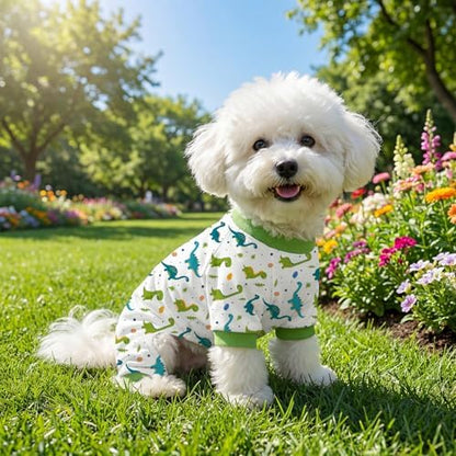 Dog Pajamas for Small Medium Dogs Pjs Green Dinosaurs Dog Onesie Breathable Puppy Pj Pet Stretchy Soft Sleepwear for Spring Summer Costume-L