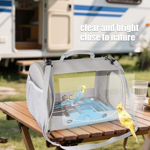 Bird Carrier, Portable Small Bird Parrot Parakeet Carrier with Standing Perch and Stainless Steel Tray, Side Access Window Collapsible (Grey, Cylinder Design - Clear)