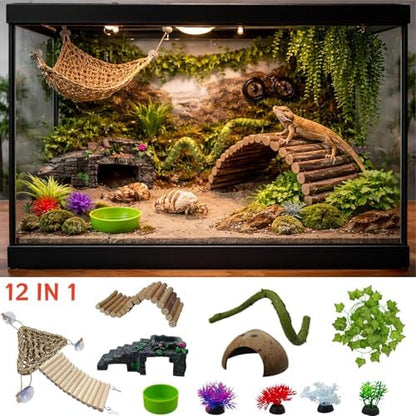 12-in-1 Hermit Crab Accessories Kit, 2026 New Kit for Bearded Dragon, Coconut Shell Hideout, Climbing Bridge, Hammock, Vines & Plants, Reptile Terrarium Decor for Gecko, Lizard, Amphibians
