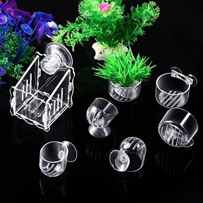 Potchen 20 Pcs Aquarium Plant Holder with Hole Transparent Acrylic Suction Cup Aquarium Aquatic Planter Cups Fish Tank Aquascape Decoration, 3 Shapes