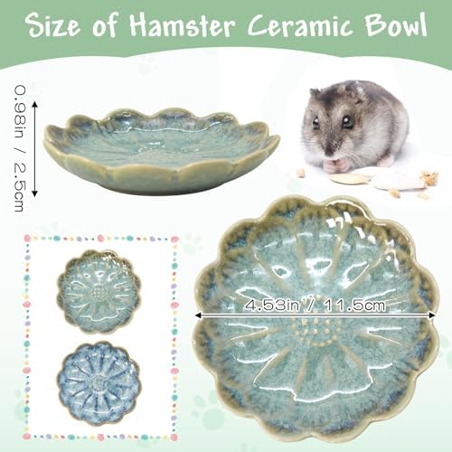 BNOSDM Shallow Ceramic Hamster Food Dish 2 Pcs Small Animals Food Bowl Sunflower Feeding Dishes for Gerbils Mice Rats 4.5in (Dark Green)
