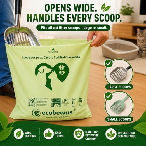 Certified Compostable Cat Litter Waste Bags, BPI Certified (120 Count) 16" x 12", Unscented Pet Waste Bags, Made with Plant-Based Materials