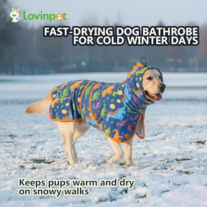 LovinPet 3-in-1 Dog Warm Winter Coat & Bathrobe, Dinosaur Teal Blue, 2XL