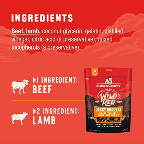 Stella & Chewy's Wild Red Jerky Nuggets - 90% Protein-Rich Beef & Lamb Dog Treats - Grain-Free Training Rewards for All Breeds - Made in USA - 6 oz Bag