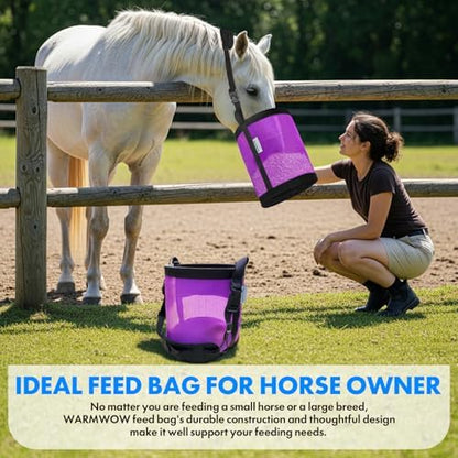 Horse Feed Bag Pack of 2 (Reinforced Bottom Edging), Feed Bags for Horses with Ventilation Mesh, Comfort Nose Pad Neck Pad, Adjustable Strap, Spill Proof Design for Feeding Grain, Supplements