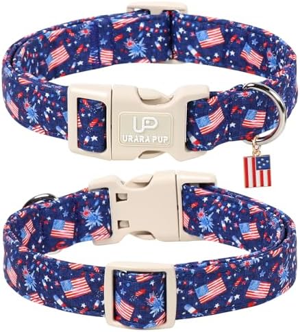 American Flag Dog Collar, 4th of July Cotton Patriotic Pet Collar, Adjustable Durable Quick Release Buckle with Charm for Small Medium Large Dogs