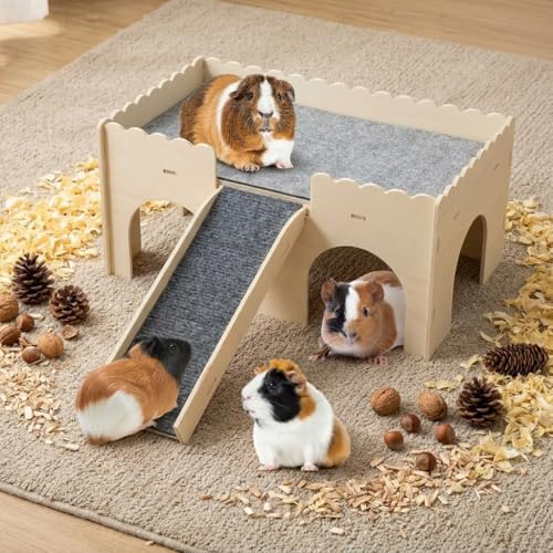 Detachable 2-Story Wooden Guinea Pig Castle with Ramp & Fleece Mat, Small Animal Hideout House for Guinea Pigs, Hamsters, Gerbils & Chinchillas