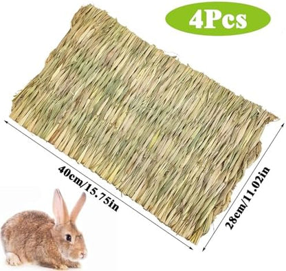 kathson 4 PCS Large Grass Mat for Rabbit, Natural Bunny Woven Hay Mat Straw Small Animal Bedding Nest for Guinea Pigs Hamster Chinchillas Puppy Biddy Sleeping Chewing Scratching