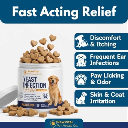 Natural Yeast Infection Treatment for Dogs, 150 Chews – Anti Yeast Support for Itchy Skin & Ears – Helps Reduce Irritation & Paw Licking – Probiotic + Herbal Blend – Bacon Flavored Soft Chews