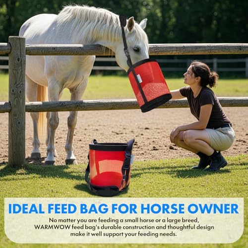Horse Feed Bag Pack of 2 (Reinforced Bottom Edging), Feed Bags for Horses with Ventilation Mesh, Comfort Nose Pad Neck Pad, Adjustable Strap, Spill Proof Design for Feeding Grain, Supplements