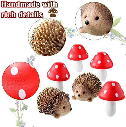 Queekay Fairy Garden Hedgehog Miniature Figurines, Resin Mushroom Decor