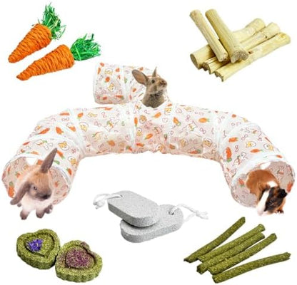 PINVNBY Large Rabbit Tunnel，Collapsible Rabbit Tunnels for Indoor Bunnies Bunny Hideout with 5 Types of Chewing Toys for Ferret Kitten Small Animals (Faucet Shape)