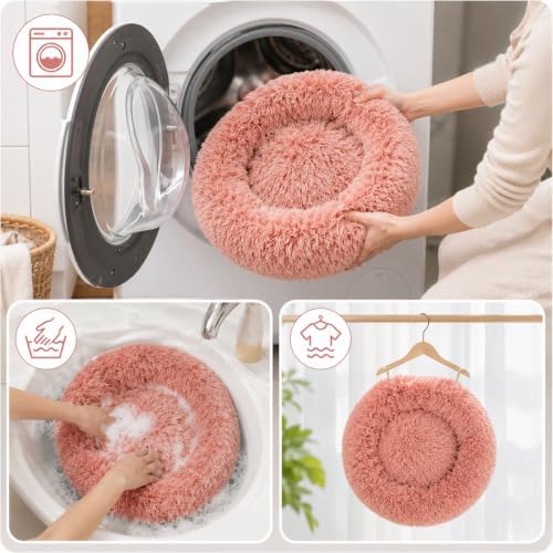 Cat Beds for Indoor Cats, Round Fluffy Cute Small Cat Bed, Washable Anti-Slip Donut Pet Bed, Round Dog Bed for Small Pets (Pink)