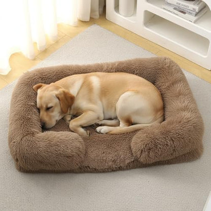 Orthopedic Dog Bed for Large Dogs - Washable Memory Foam Pet Sofa, Fluffy Plush Rectangular Bed, Waterproof Anti-Anxiety Couch, Khaki, L