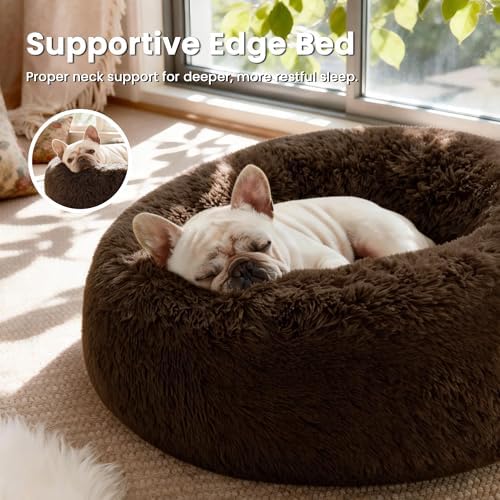 Love's cabin 24in Cat Beds for Indoor Cats - Cat Bed with Machine Washable, Waterproof Bottom - Dark Brown Fluffy Dog and Pet Calming Cushion Bed for Joint-Relief and Sleep Improvement