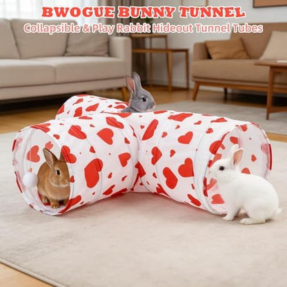 BWOGUE Bunny Tunnels & Tubes, 3-Way Collapsible Rabbit Hideout for Bunnies