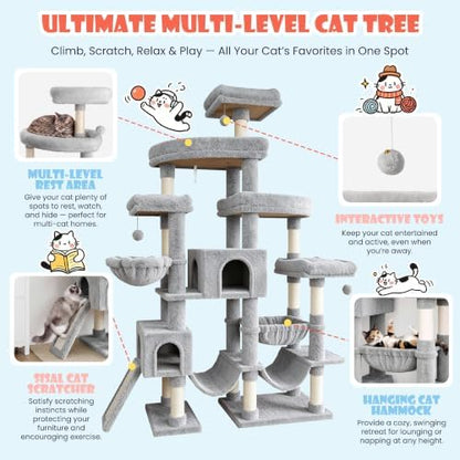 SHA CERLIN 83 in Cat Tree Tower for Indoor Adult Felines 20lbs+/Multi-Level Heavy Duty Cat Tower for Big Maine Coon/Giant Perches/Wide Baseboard/Sisal Scratching Posts/Cozy Condos/Light Grey