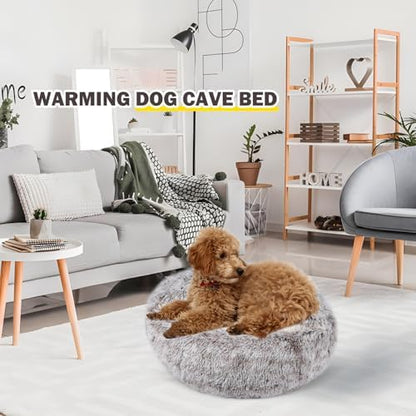 Cat Bed for Indoor Cats, Calming Cozy Cave with Self-Warming Plush, Entire Bed Machine Washable & Anti-Slip Base, Breathable Pet Bed for Small Cats&Dogs All Seasons (Khaki, 22 * 22inch)