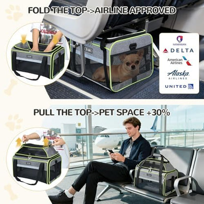 Lekereise Top-Expandable Pet Carrier 17x11x9.5 Inch Alaska Hawaiian Airline Approved Soft Sided Underseat to 12lbs Travel Carriers for Small Dogs and Cats with Locking Safety Zippers Anti-Scratch Mesh