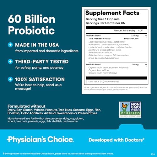 Physician's CHOICE Probiotics 60 Billion CFU - 10 Strains + Organic Prebiotics - Immune, Digestive & Gut Health - Supports Occasional Constipation, Diarrhea, Gas & Bloating - for Women & Men - 84ct