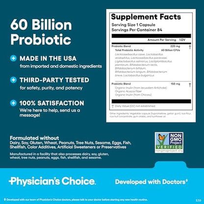 Physician's CHOICE Probiotics 60 Billion CFU - 10 Strains + Organic Prebiotics - Immune, Digestive & Gut Health - Supports Occasional Constipation, Diarrhea, Gas & Bloating - for Women & Men - 84ct