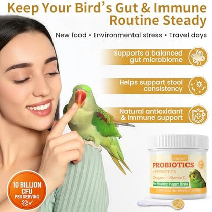 Bird Probiotic Powder for Gut Balance, Digestive & Immune Support – 10 Billion CFU Probiotic + Prebiotic with Vitamin C & Oregano – Molting & Stress Support for All Birds - Parakeet Parrot Cockatiel