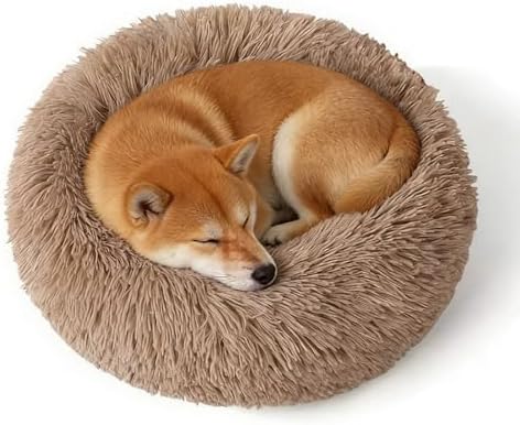 Calming Donut Dog Bed Medium Size Dog - Washable Removable Cover Non-Slip Bottom, Round Pet Bed Cat Bed Warming Fluffy Plush Faux Fur Anti-Anxiety, Fits up to 45 lbs (Camel, 30")
