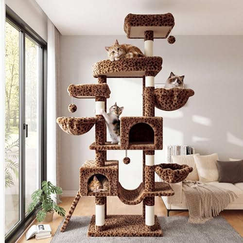 SHA CERLIN 82 inch Cat Tree Tower, Multi-Level Cat Condo with Plush Perches, Sisal Scratching Posts, Hammock and Toys, Stable Cat Tower for Kittens and Adult Cats, Leopard Print