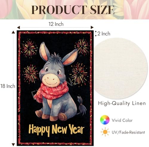 Happy New Year Garden Flag 12x18 Double Sided Vertical Linen Small Fireworks Donkey House Flag Welcome Holiday Winter House Outdoor Outside Decorations (27181)