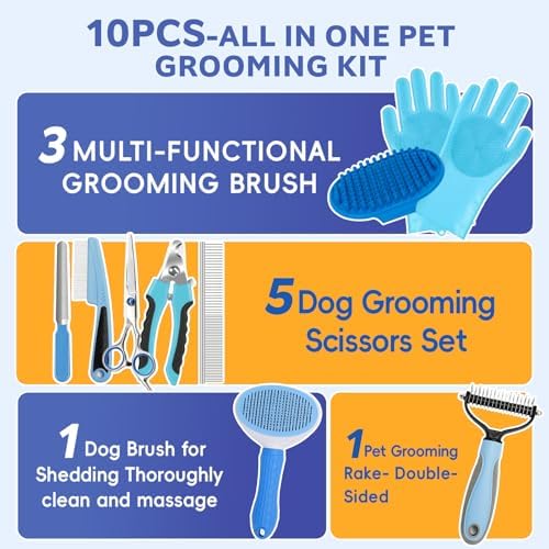 Bath Grooming Kit for Pets, 10pcs Dog Brush for Shedding with Dog Nail Clipper and Trimmer, Dog and Cat Grooming Supplies, Dematting Comb for Dogs, Pet Bath Supplies