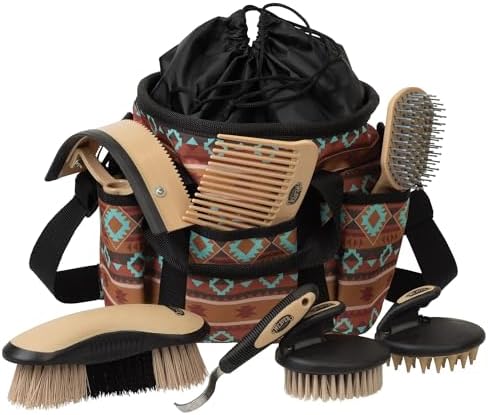 Weaver Equine Horse Grooming Kit, 7-Piece Horse Brush Set with Organizer Tote Bag, Hoof Pick, Comb, Sweat Scraper, Equine Tools for Daily Grooming, Lost Creek