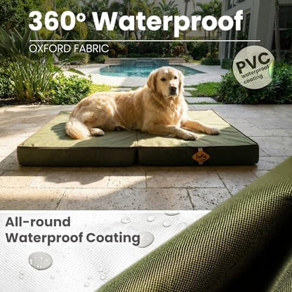 Laifug Foldable Waterproof Dog Bed for Large Dogs - Outdoor Orthopedic Dog Bed with Washable Removable Cover, Pet Mattress with Handles, Army Green, (44 x 32 x 3.5, inches)