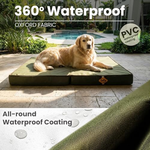 Laifug Foldable Waterproof Dog Bed for Large Dogs - Outdoor Orthopedic Dog Bed with Washable Removable Cover, Pet Mattress with Handles, Army Green, (36 x 27 x 3.5, inches)