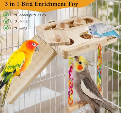 FlidRunest Wooden Bird Foraging Puzzle Platform Swing with Climbing Ladder for Parrots, Parakeet, Cockatiel, Sun Conures - Birds Interactive Mental Enrichment Toy, Bird Seed Slow Feeder Toy for Cage