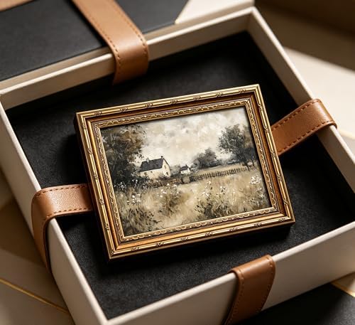 Vintage Gold Framed Wall Art, Country Cottage Landscape Oli Painting Canvas Print, Retro Neutral Rural House Picture Wall Decor, Rustic Farmhouse Poster Artwork for Nursery Bedroom Living Room
