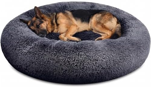 SAVFOX 45 inches Calming Donut Dog Bed - 3X Durable Plush Faux Fur, Machine Washable & Non-Slip, Fits up to 150 lbs, Dark Grey