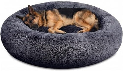 SAVFOX 45 inches Calming Donut Dog Bed - 3X Durable Plush Faux Fur, Machine Washable & Non-Slip, Fits up to 150 lbs, Dark Grey