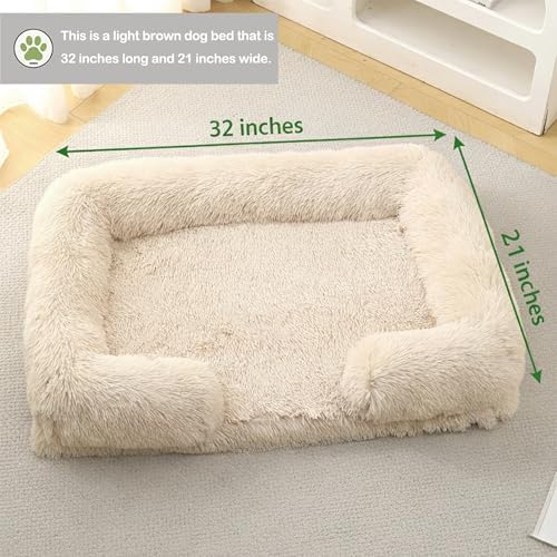 Orthopedic Dog Bed for Large Dogs - Washable Memory Foam Pet Sofa, Fluffy Plush Rectangular Bed, Waterproof Anti-Anxiety Couch, Light Brown, L